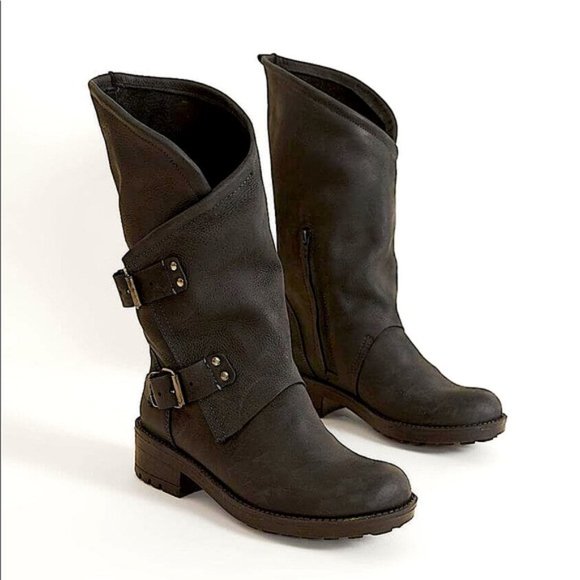 Anthropologie Coolway Alida Black Leather Wrap Moto Boots Sz 41 (US 10.5) - Picture 1 of 10